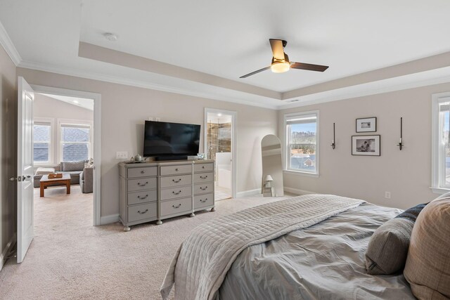 bedroom with light carpet, multiple windows, baseboards, and a raised ceiling