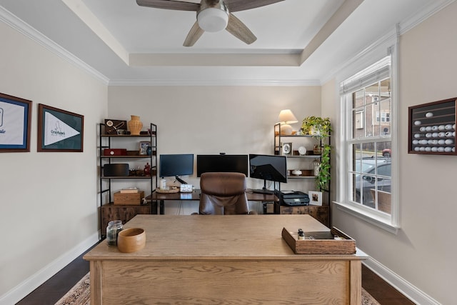 office space with a tray ceiling, dark wood finished floors, and baseboards