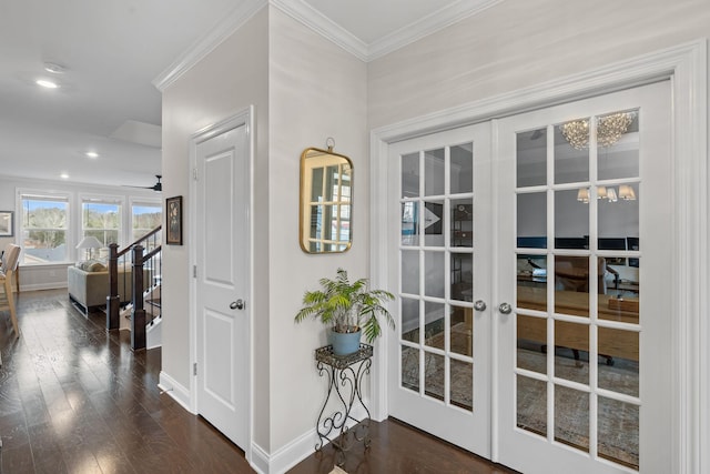 interior space with ornamental molding, french doors, and dark wood-type flooring