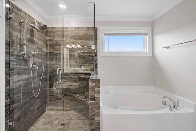 bathroom featuring ornamental molding, a stall shower, and a garden tub