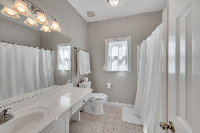 full bathroom with tile patterned flooring, toilet, visible vents, vanity, and baseboards