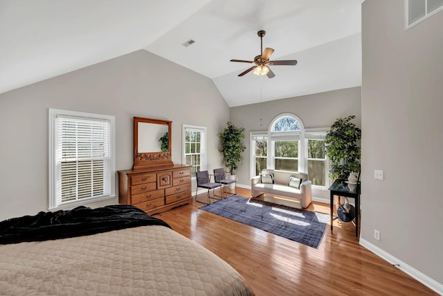 bedroom featuring vaulted ceiling, wood finished floors, visible vents, and baseboards