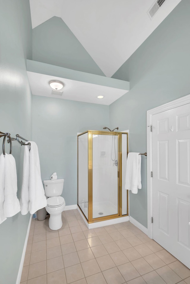 full bathroom with lofted ceiling, visible vents, toilet, a stall shower, and tile patterned flooring