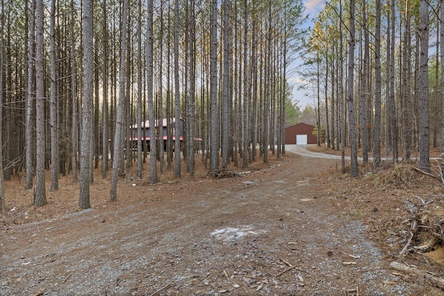 view of yard with dirt driveway and a detached garage