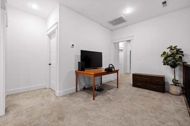 office space with carpet, visible vents, baseboards, and recessed lighting