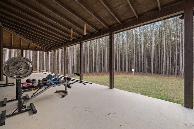 workout area with vaulted ceiling