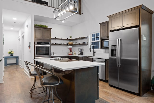 kitchen featuring light wood finished floors, appliances with stainless steel finishes, open shelves, and a sink