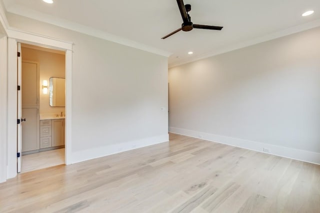 empty room featuring recessed lighting, light wood-style floors, crown molding, baseboards, and ceiling fan