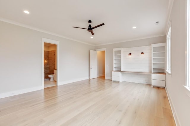 unfurnished living room with crown molding, baseboards, light wood-type flooring, and ceiling fan