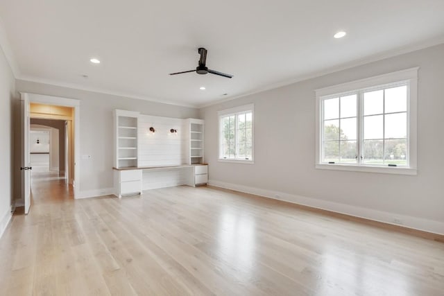 unfurnished bedroom with light wood finished floors, crown molding, baseboards, ceiling fan, and recessed lighting