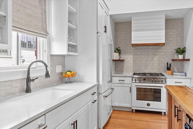 kitchen with white cabinetry, a sink, open shelves, and high quality appliances