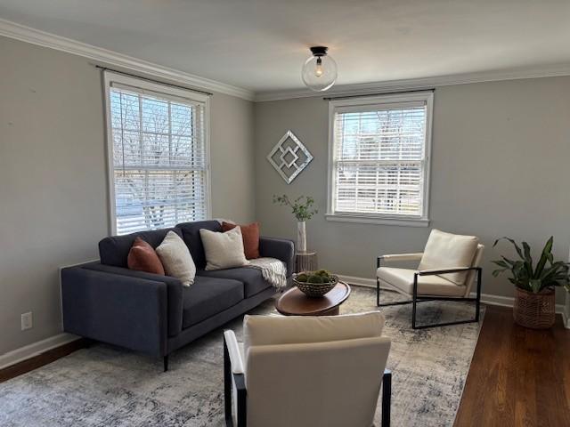 living room with wood finished floors, baseboards, and ornamental molding