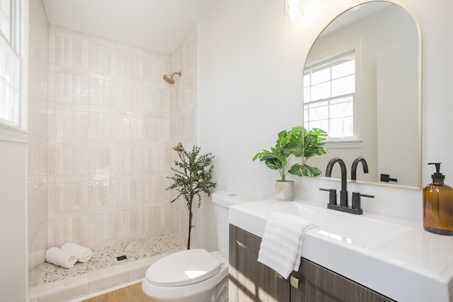 bathroom with vanity, a tile shower, and toilet