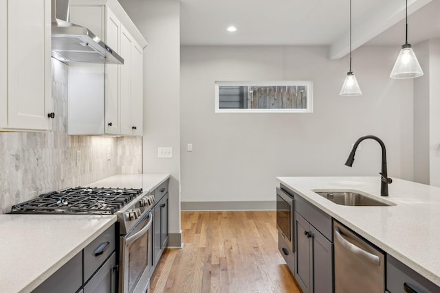 kitchen with light wood-style flooring, a sink, appliances with stainless steel finishes, wall chimney range hood, and tasteful backsplash