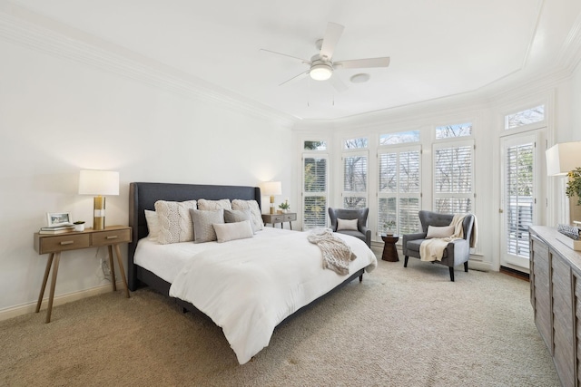 bedroom with light carpet, ornamental molding, baseboards, and access to outside