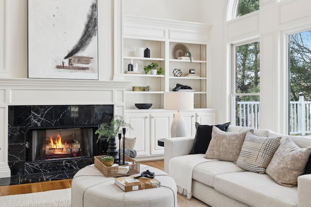 living area featuring a premium fireplace and light wood finished floors