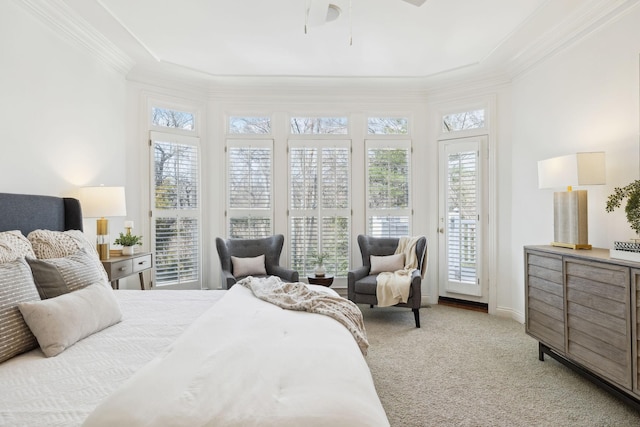 bedroom with baseboards, carpet floors, access to exterior, and ornamental molding
