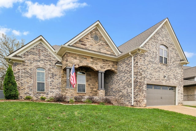 view of front of property with a front lawn, brick siding, driveway, and an attached garage