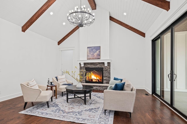 living area featuring a fireplace, baseboards, and dark wood finished floors