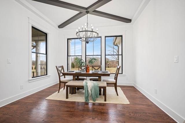 dining space with a chandelier, coffered ceiling, baseboards, beam ceiling, and dark wood finished floors