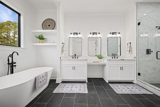 full bath with a stall shower, ornamental molding, a sink, and a soaking tub