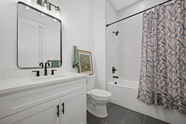 full bath featuring toilet, shower / tub combo, vanity, and tile patterned floors