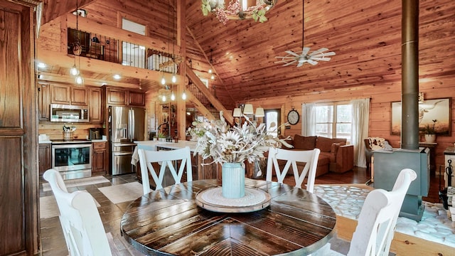 dining area featuring high vaulted ceiling, wood walls, a ceiling fan, stairway, and a wood stove