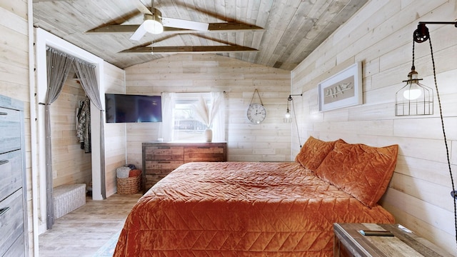 bedroom featuring lofted ceiling with beams, wood finished floors, wood ceiling, and wooden walls