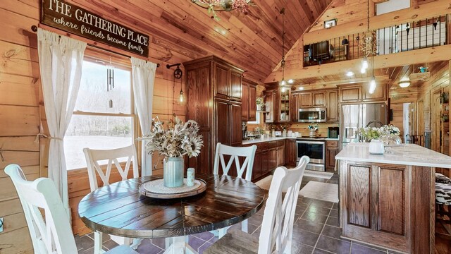 dining space featuring high vaulted ceiling, dark tile patterned flooring, wood ceiling, and wood walls