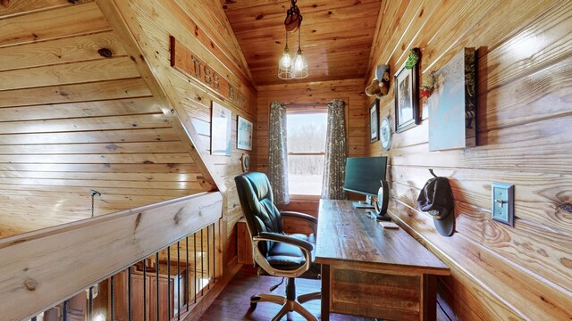 office area featuring wooden ceiling, wooden walls, vaulted ceiling, and wood finished floors