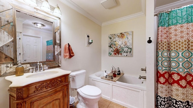 full bath with tile patterned flooring, toilet, vanity, ornamental molding, and a bath