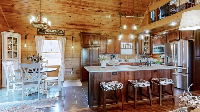 kitchen featuring a center island with sink, light countertops, appliances with stainless steel finishes, wood ceiling, and wooden walls