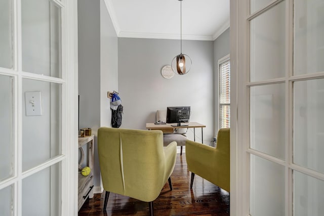 living area with wood finished floors and crown molding