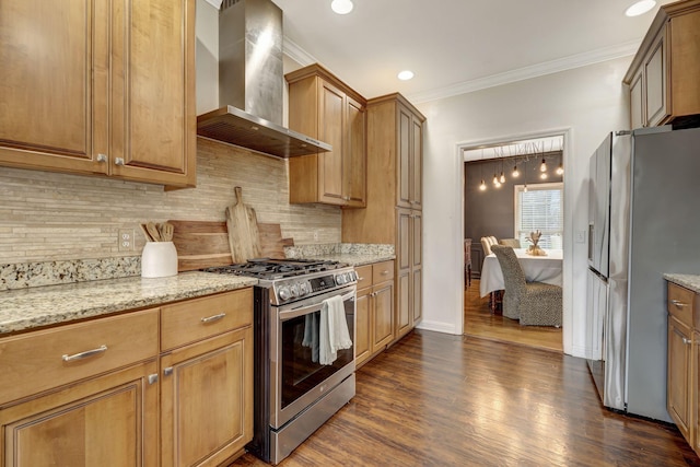 kitchen with tasteful backsplash, ornamental molding, dark wood-type flooring, stainless steel appliances, and wall chimney range hood