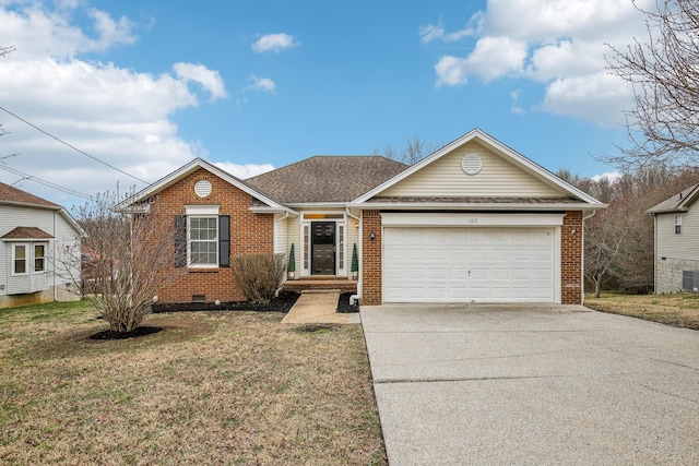 single story home featuring an attached garage, brick siding, concrete driveway, crawl space, and a front yard