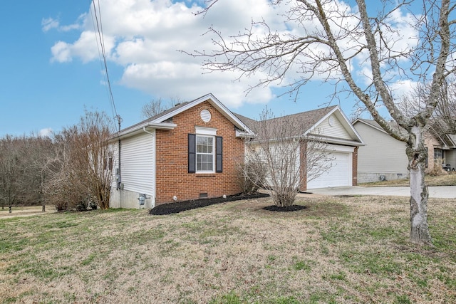 ranch-style home with an attached garage, brick siding, concrete driveway, crawl space, and a front lawn