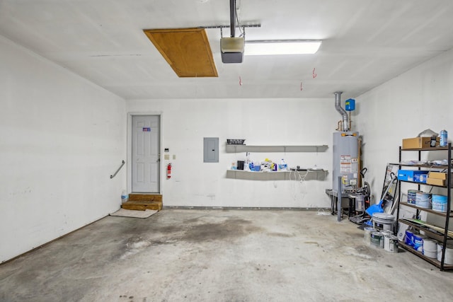 garage with electric panel, gas water heater, and a garage door opener