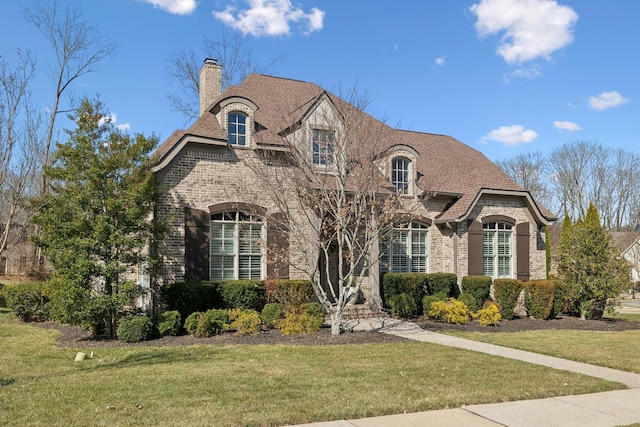 french country style house with a front yard, brick siding, roof with shingles, and a chimney