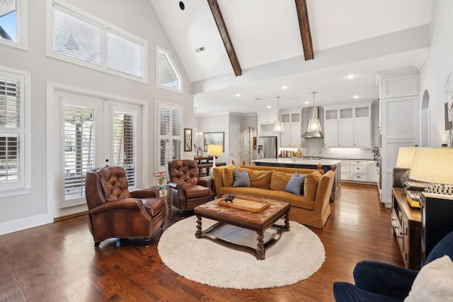 living room featuring visible vents, beam ceiling, high vaulted ceiling, dark wood finished floors, and french doors