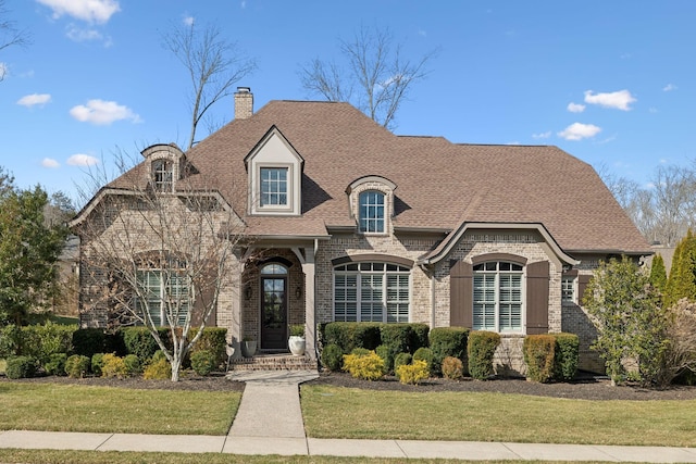 french country home with brick siding, a chimney, a front yard, and roof with shingles