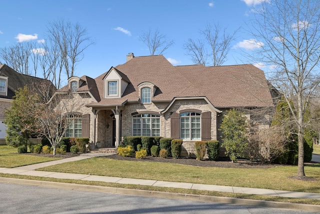 french country style house with brick siding, a front yard, and a shingled roof