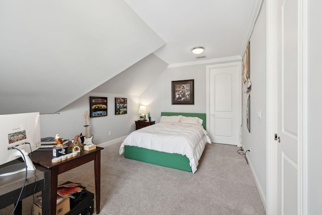 bedroom with carpet flooring, visible vents, baseboards, and lofted ceiling