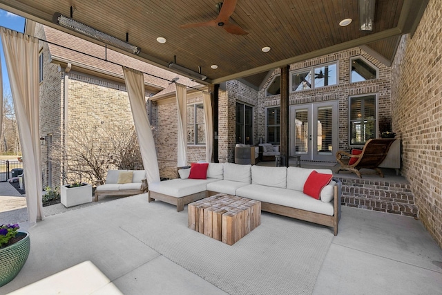 view of patio / terrace with french doors, outdoor lounge area, and a ceiling fan