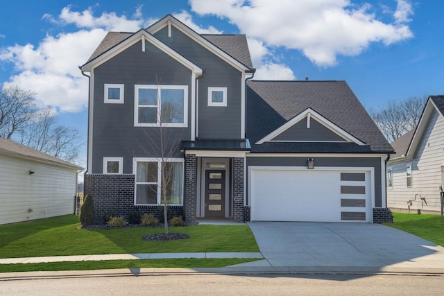 craftsman-style house with roof with shingles, concrete driveway, a front yard, a garage, and brick siding