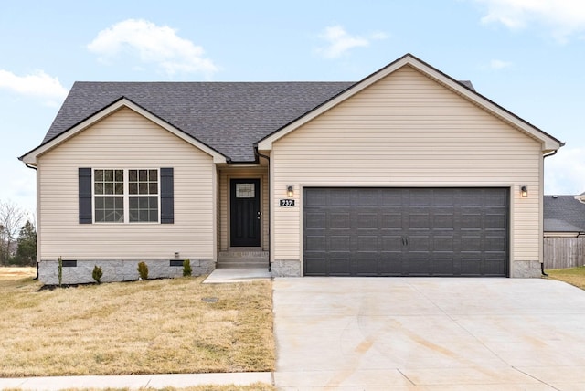 single story home with driveway, a shingled roof, crawl space, an attached garage, and a front lawn