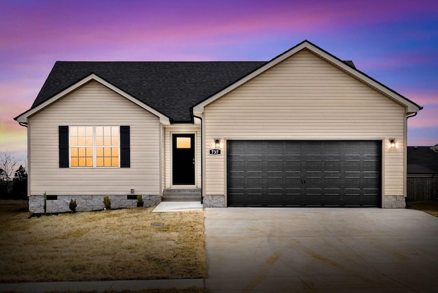 ranch-style home with concrete driveway, an attached garage, entry steps, crawl space, and a front lawn