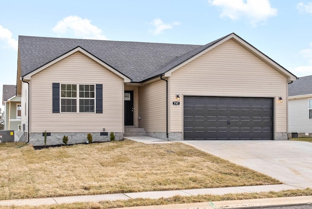 ranch-style house with roof with shingles, a front yard, crawl space, a garage, and driveway