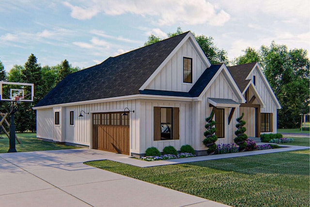 modern inspired farmhouse with a garage, concrete driveway, a front lawn, and board and batten siding