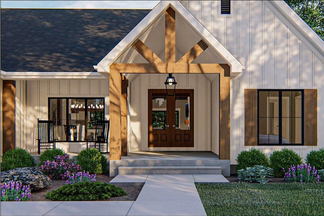 3585 Lewis Atkins Rd, Woodlawn, TN 37191 - property entrance with board and batten siding, visible vents, a porch, and a shingled roof