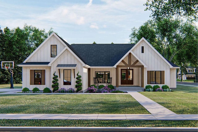 modern farmhouse featuring a shingled roof, board and batten siding, and a front yard